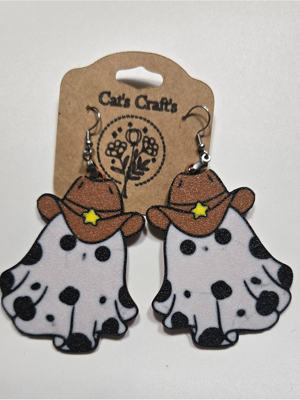 Kids Cowprint Ghost Earrings - White & Brown